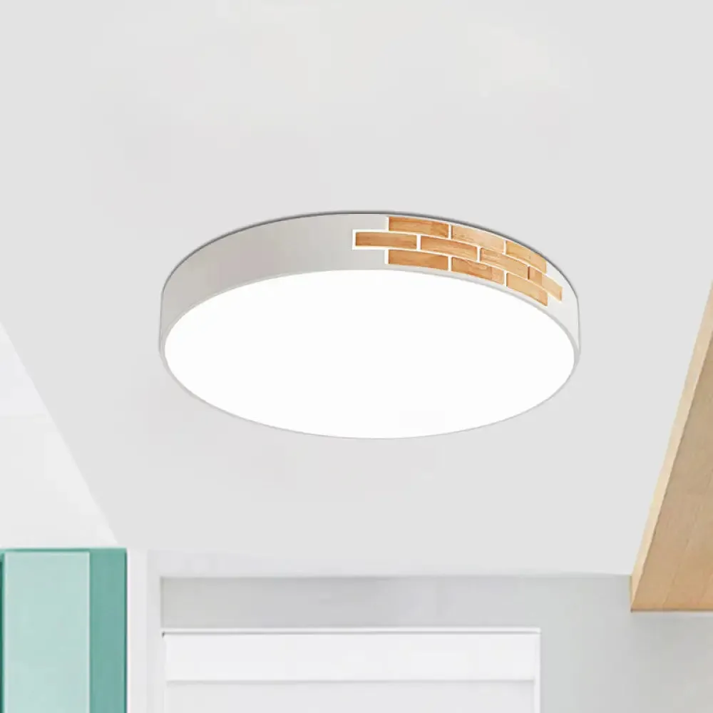 Minimalist LED Ceiling Light Fixture in White & Wood, Flush Mount, Choice of 16", 19.5", or 23.5" Dia