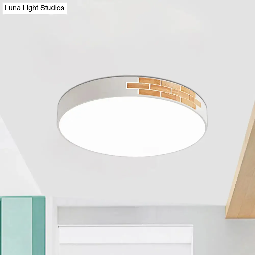 Minimalist LED Ceiling Light Fixture in White & Wood, Flush Mount, Choice of 16", 19.5", or 23.5" Dia