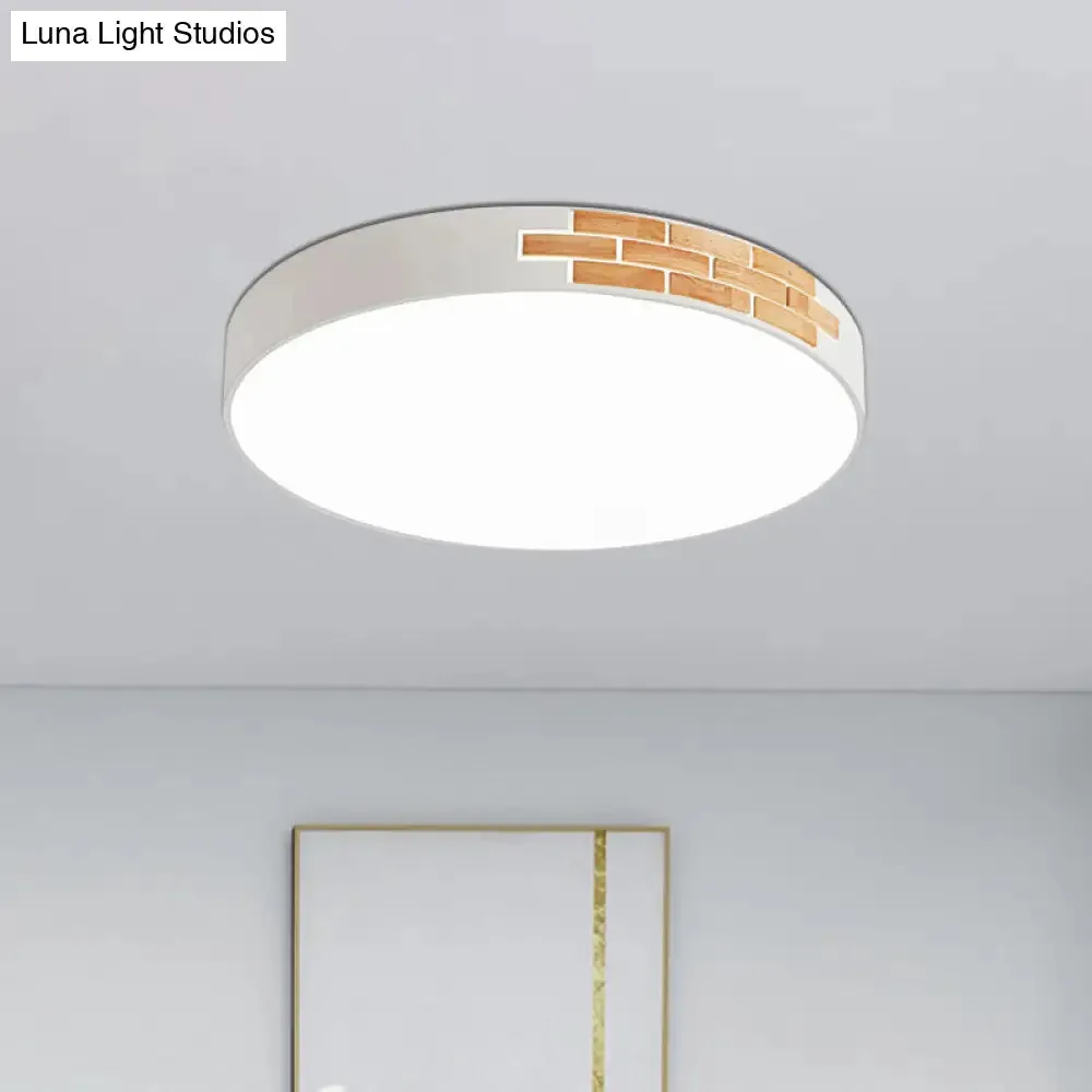 Minimalist LED Ceiling Light Fixture in White & Wood, Flush Mount, Choice of 16", 19.5", or 23.5" Dia