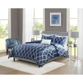 New - 5pc Full/Queen Zara Charmeuse Geo Print Comforter Bedding Set - Navy