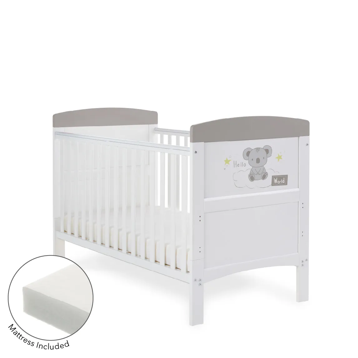 Obaby Grace Inspire Cot Bed & Fibre Mattress – Hello World Koala – Grey