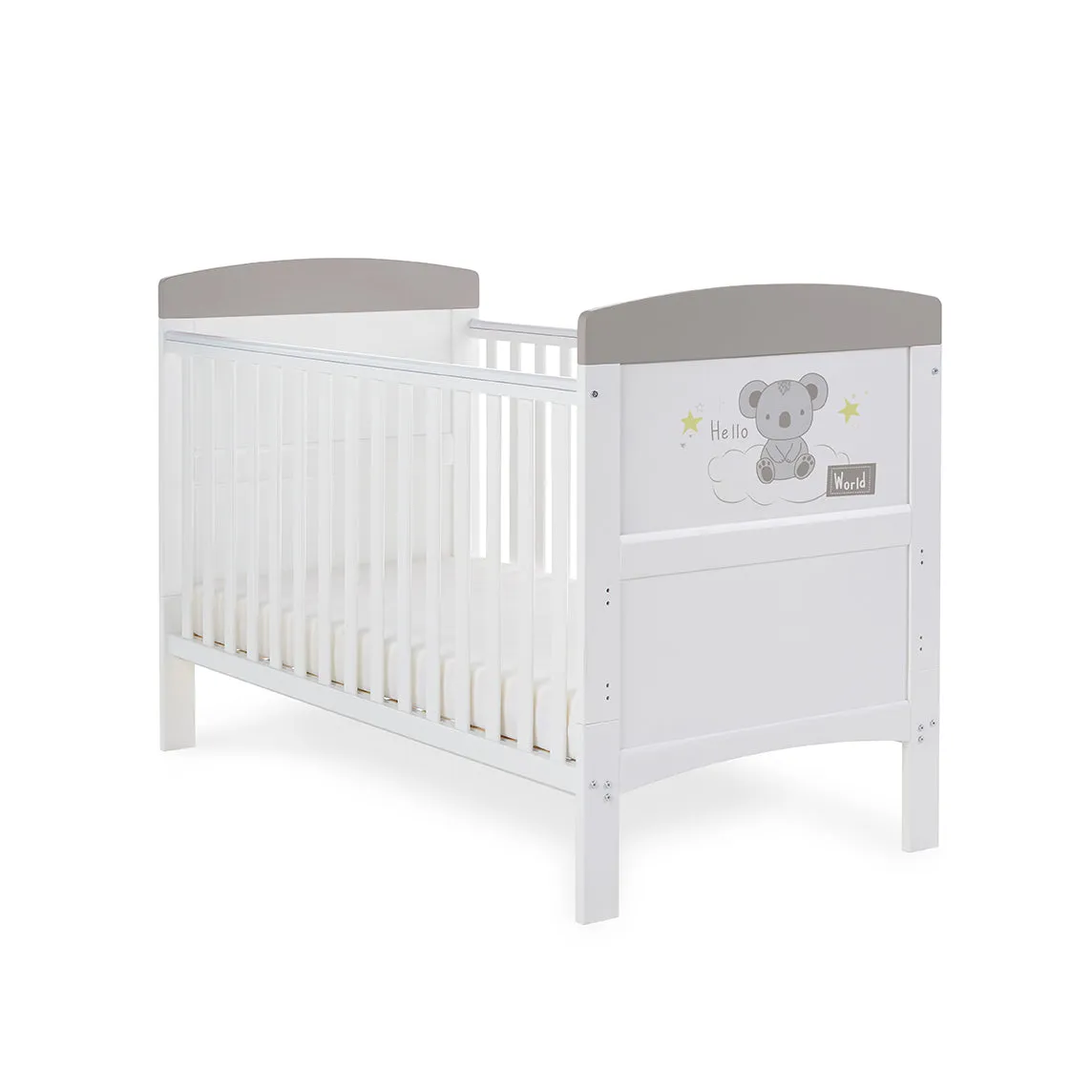 Obaby Grace Inspire Cot Bed & Fibre Mattress – Hello World Koala – Grey