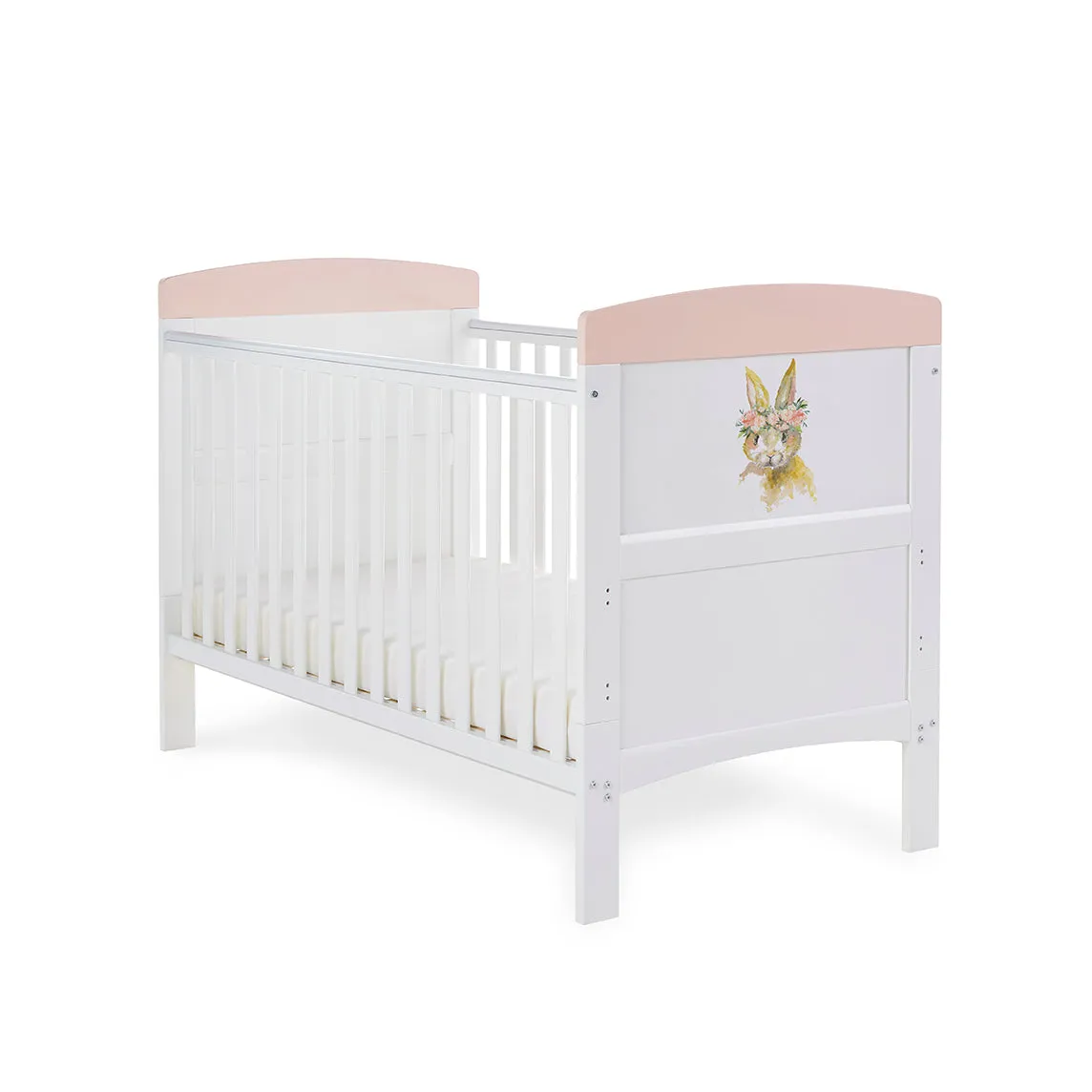 Obaby Grace Inspire Cot Bed & Fibre Mattress – Watercolour Rabbit – Pink