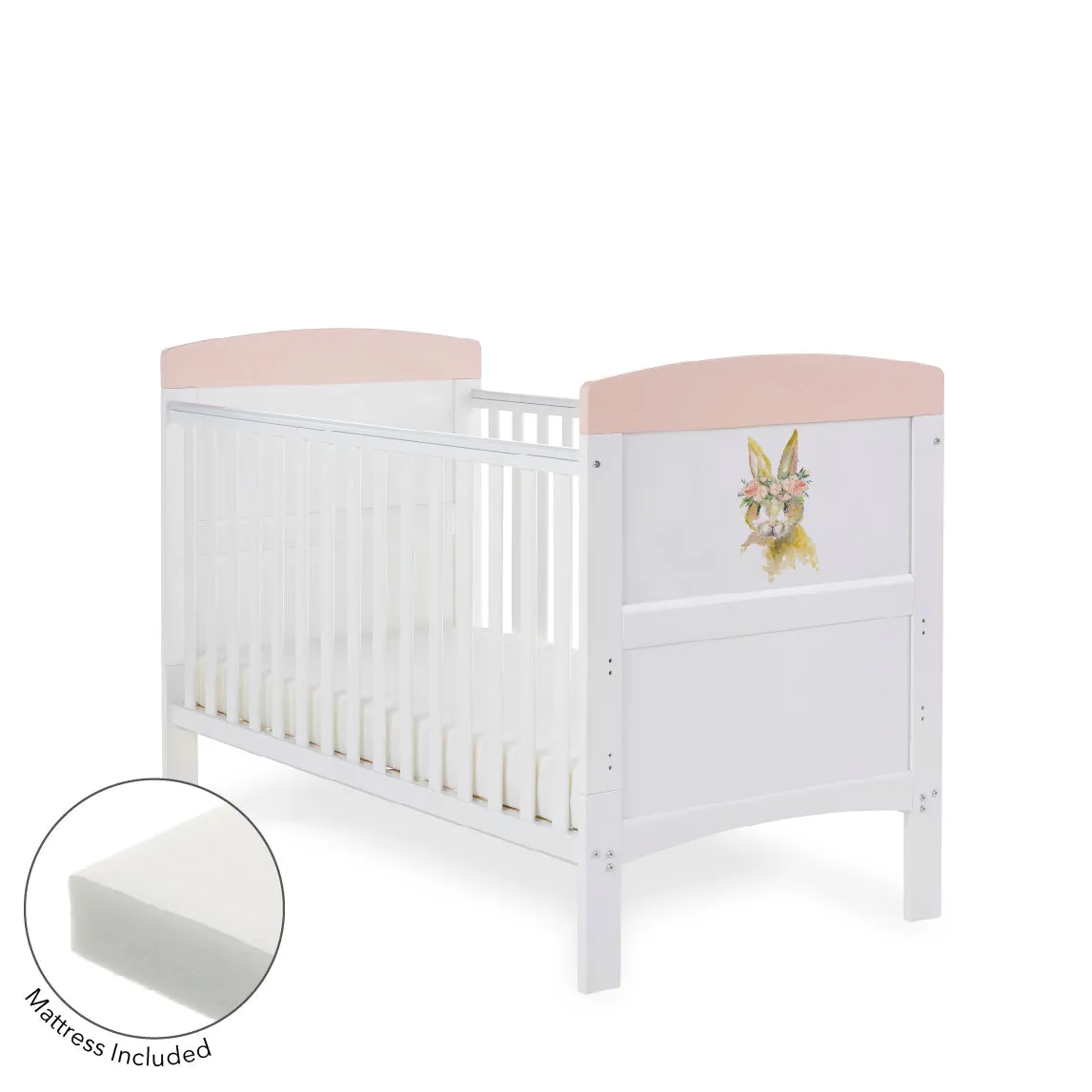 Obaby Grace Inspire Cot Bed & Fibre Mattress – Watercolour Rabbit – Pink