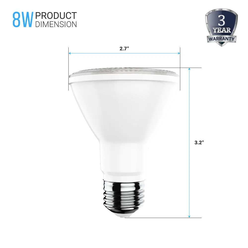 PAR20 LED 8W Light Bulbs - 5000K Dimmable - 525 Lumens - E26 Base - Daylight White