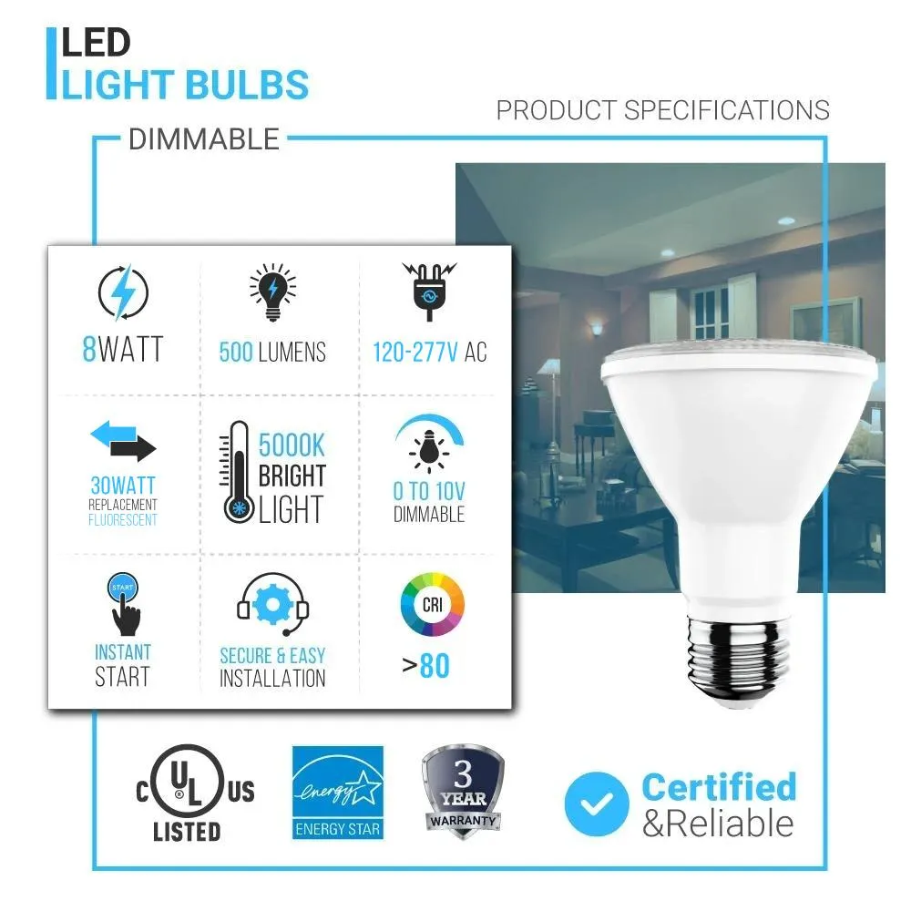 PAR20 LED 8W Light Bulbs - 5000K Dimmable - 525 Lumens - E26 Base - Daylight White