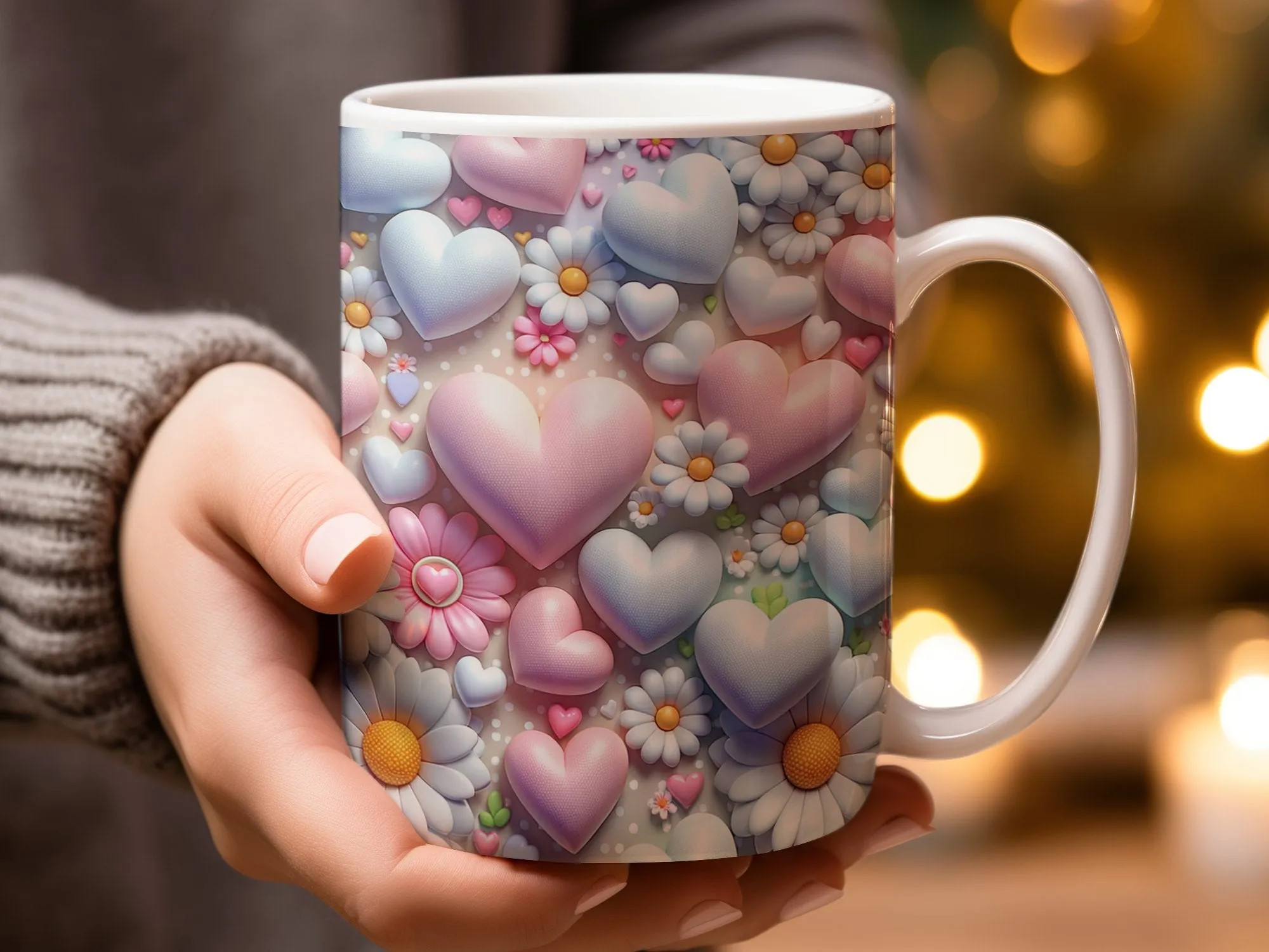 Pastel Heart and Flower Mug, Cute Love and Floral Coffee Cup, Gift for Her, Romantic Tea Mug, Valentine's Day Present, Spring Decor