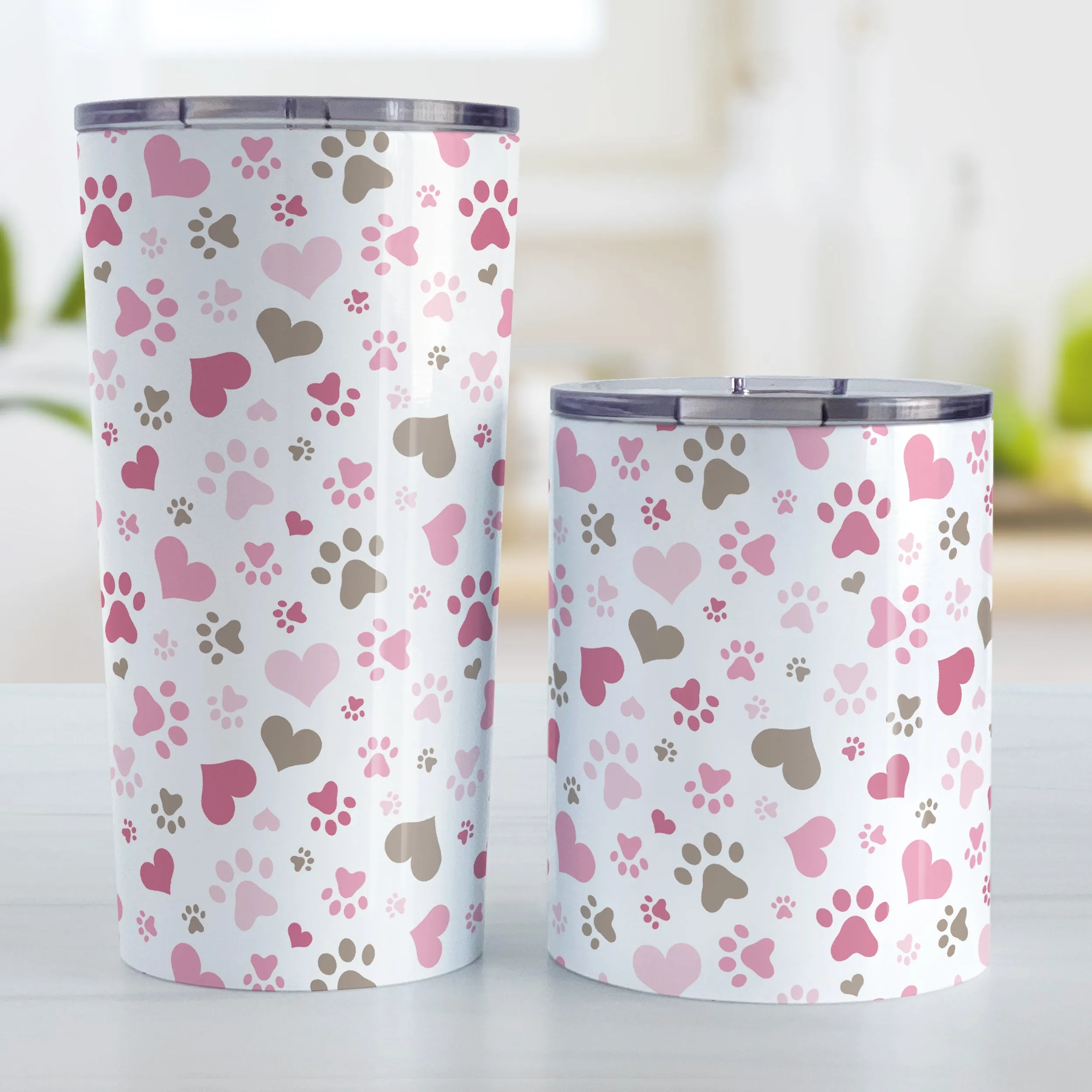 Pink Hearts and Paw Prints Tumbler Cup