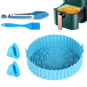 Prhavks 5Pcs Air Fryer Accessories Set- 8 Inch Silicone Liners with Food Clip Mini Oven Mitts Oil Brush for Baking Cooking, Reusable Round Silicone Airfryer Pot Fit for 3 QT Air Fryers or Above(Blue)