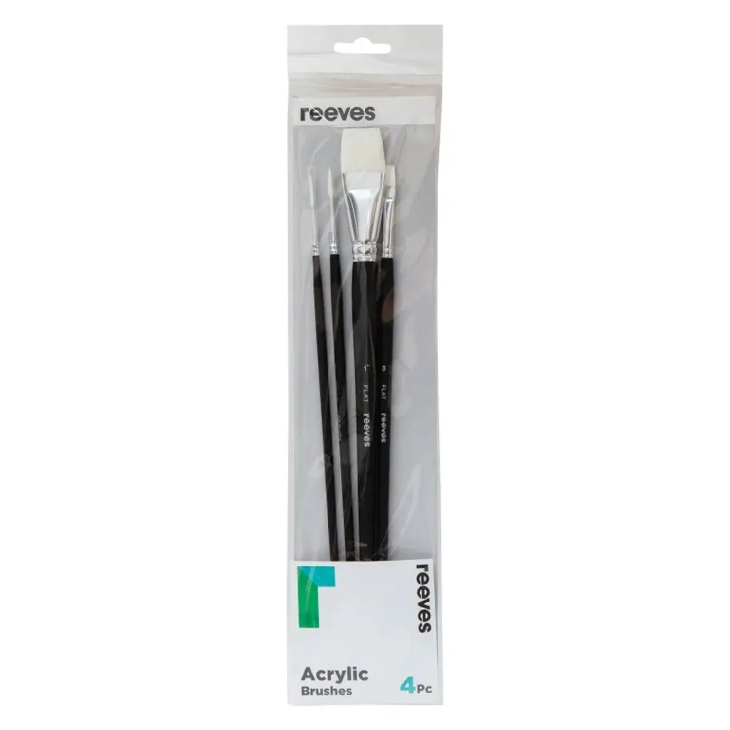 Reeves Acrylic Brushes Long Handle Set of 4 - No. 1" Flat; No. 1 Liner; No. 4 Round; No. 8 Flat