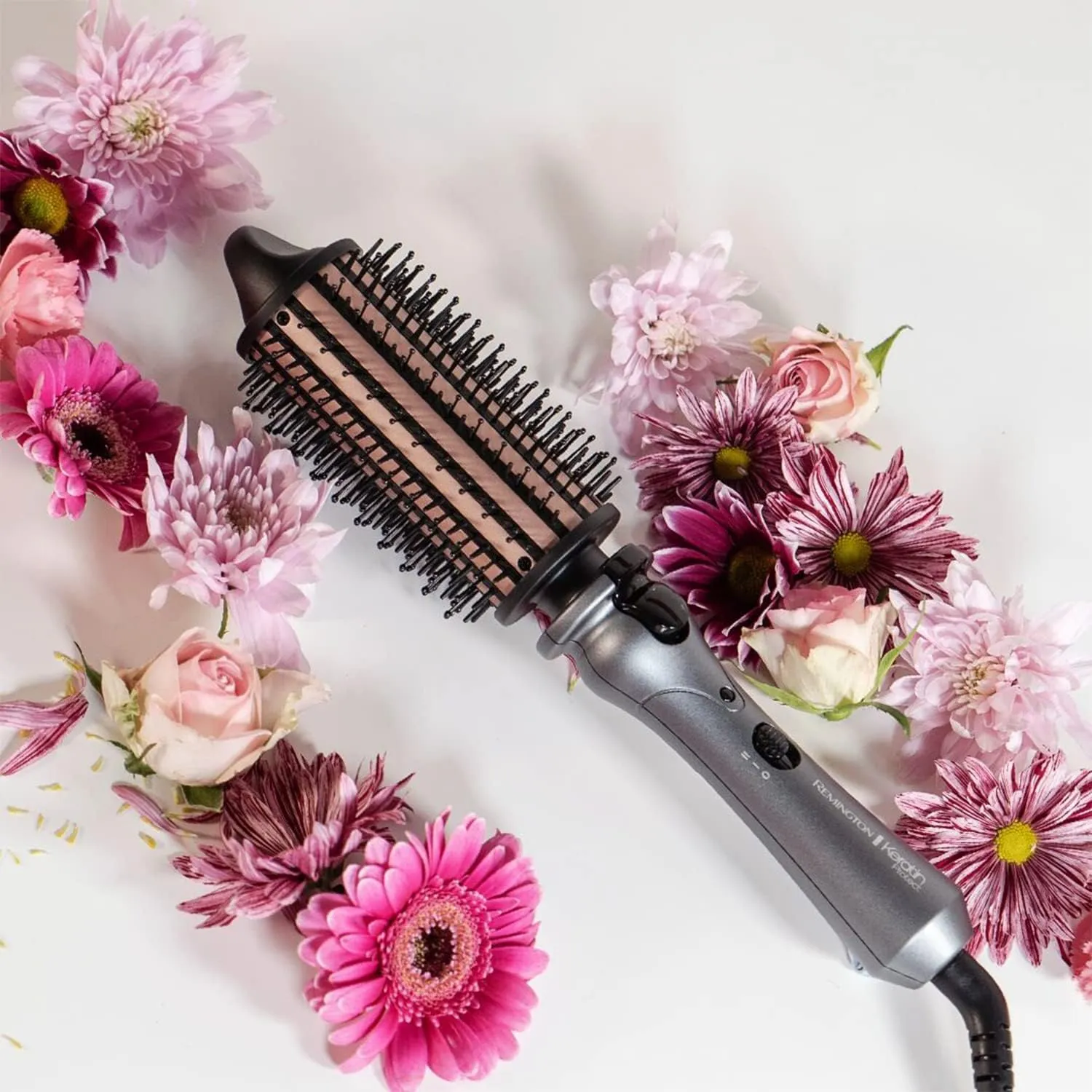 Remington Keratin Protect Heated Hair Brush - 45mm Mixed Bristles, Keratin & Almond Oil Infused, 120°C-180°C, Volume & Curls - CB65A458