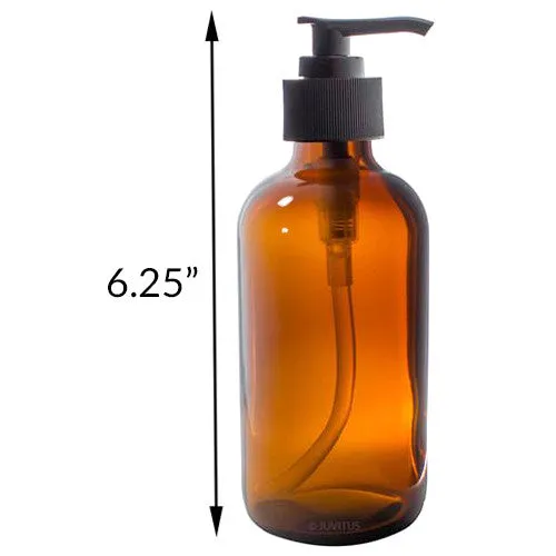 Set 8 oz Amber Boston Round Thick Glass Spray and Pump Bottle   Labels