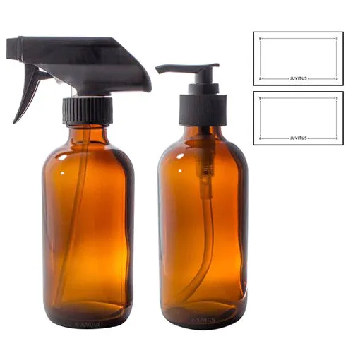 Set 8 oz Amber Boston Round Thick Glass Spray and Pump Bottle   Labels