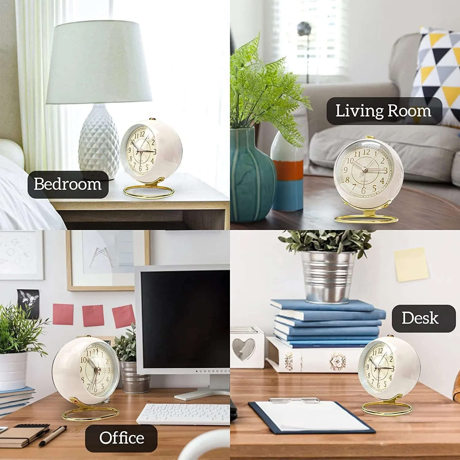 Small Table Clocks, Classic Silent Non-Ticking Tabletop Kids Room Analog Alarm Clock Battery Operated Desk Clock with Backlight HD Glass for Bedroom Living Room Kitchen Indoor Decor (A_8)