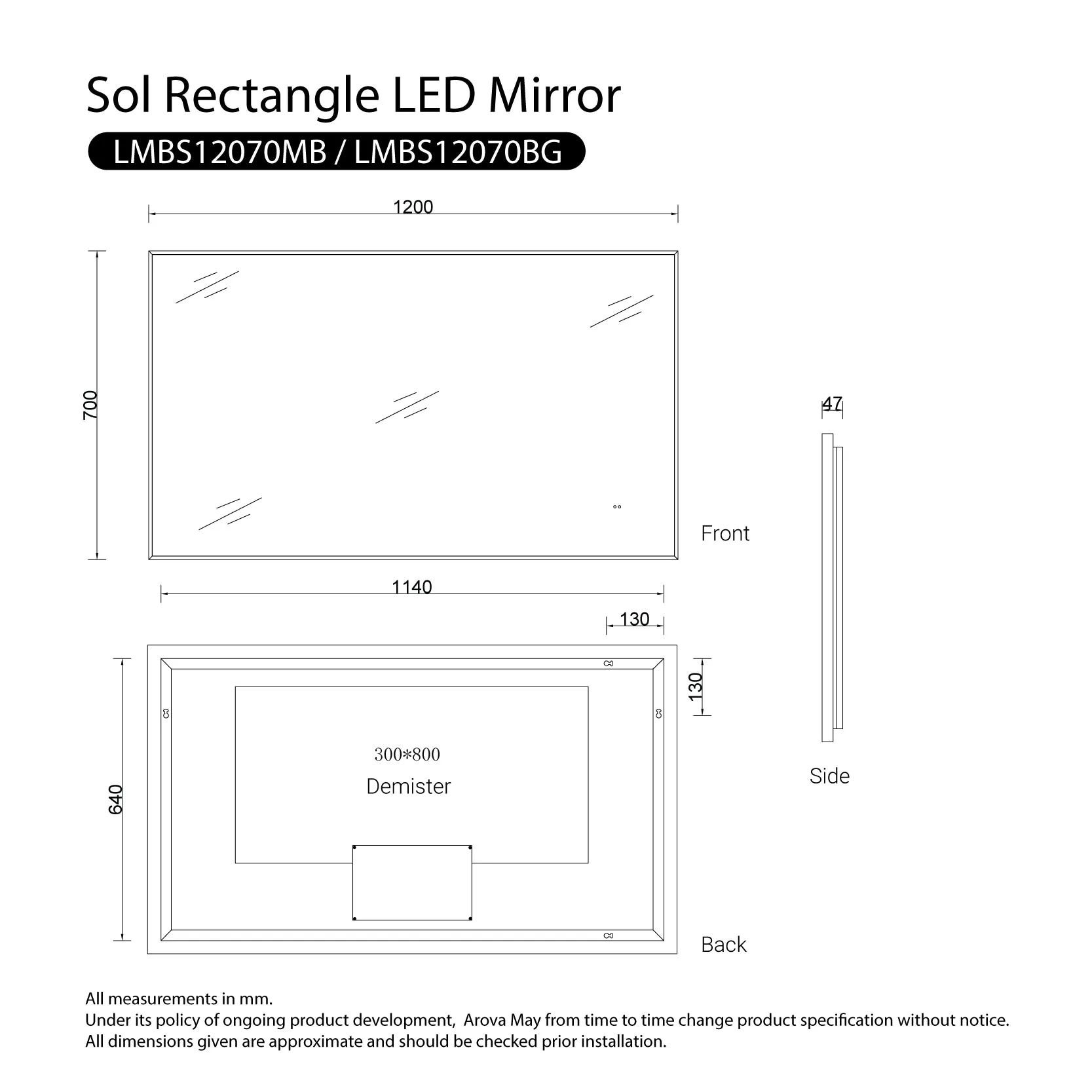 Sol Gold Frame 1200mmx700mm Anti-Fog Dimmable Led Bathroom Mirror Rectangular