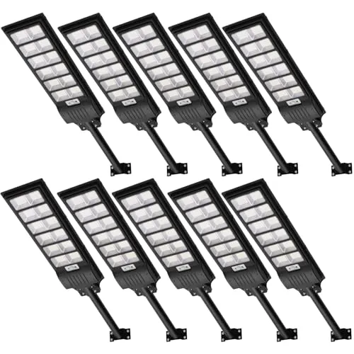 Solar Street Light 600W - 6500K LED Solar Power Street Lights with Panel 14000LM Dusk to Dawn Outdoor Flood Lighting Waterproof IP65 Exterior Motion Sensor Security Pole Lamp for Yard Garden-10Pack