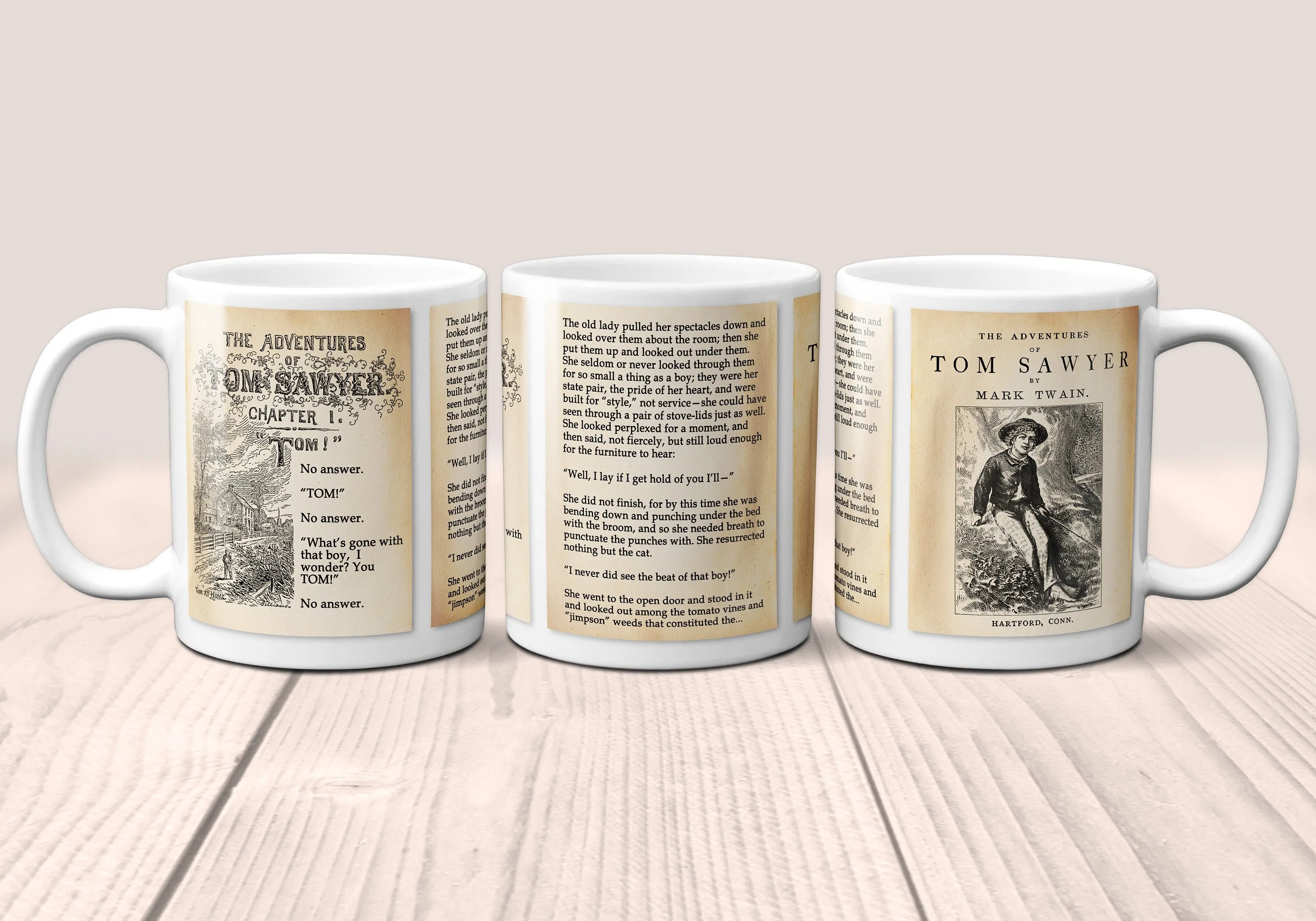 The Adventures of Tom Sawyer by Mark Twain Mug. Coffee Mug with Tom Sawyer book Title and Book Pages,Bookish Gift,Literary Mug