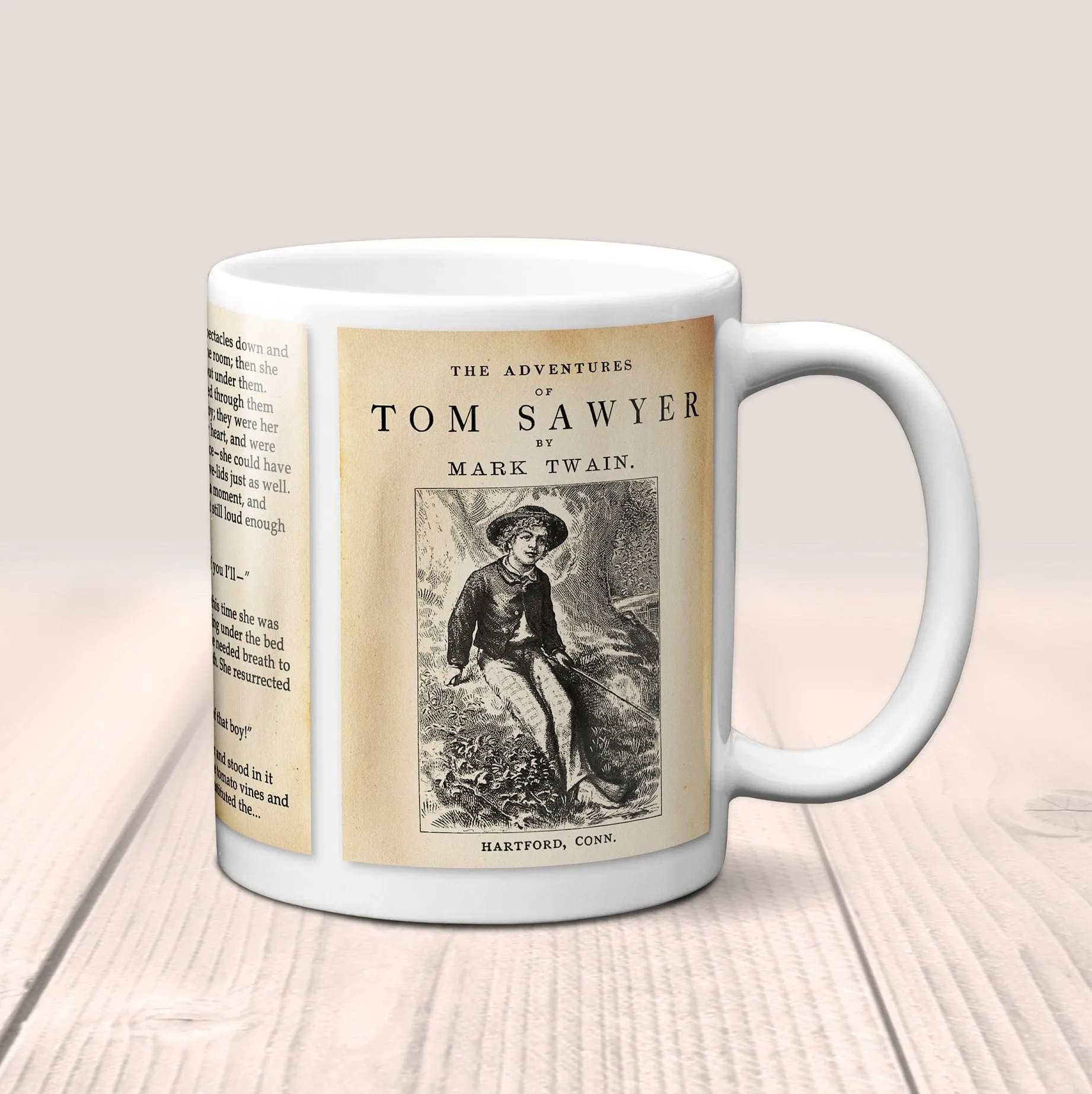 The Adventures of Tom Sawyer by Mark Twain Mug. Coffee Mug with Tom Sawyer book Title and Book Pages,Bookish Gift,Literary Mug