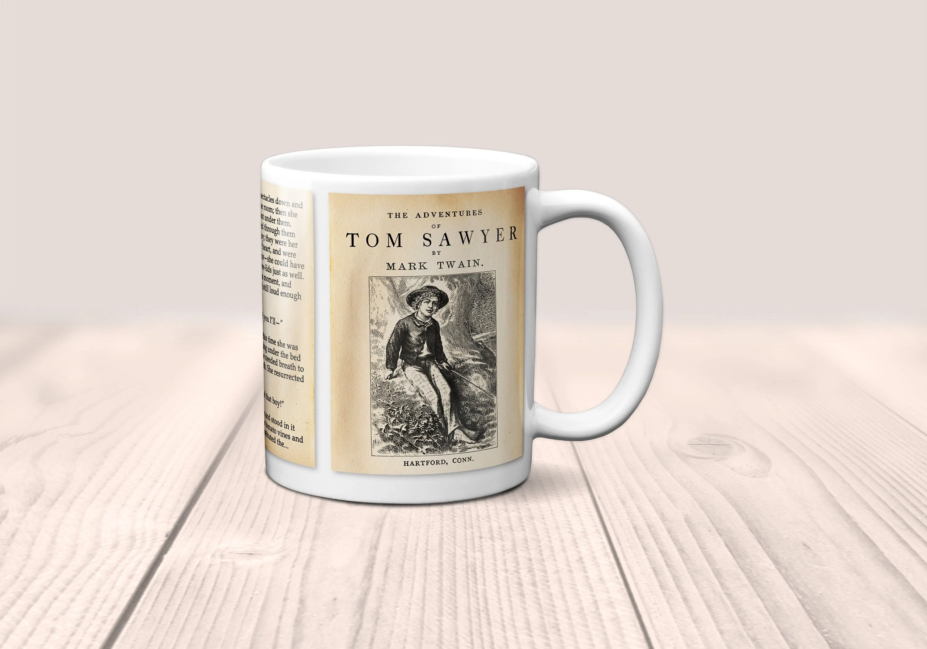 The Adventures of Tom Sawyer by Mark Twain Mug. Coffee Mug with Tom Sawyer book Title and Book Pages,Bookish Gift,Literary Mug