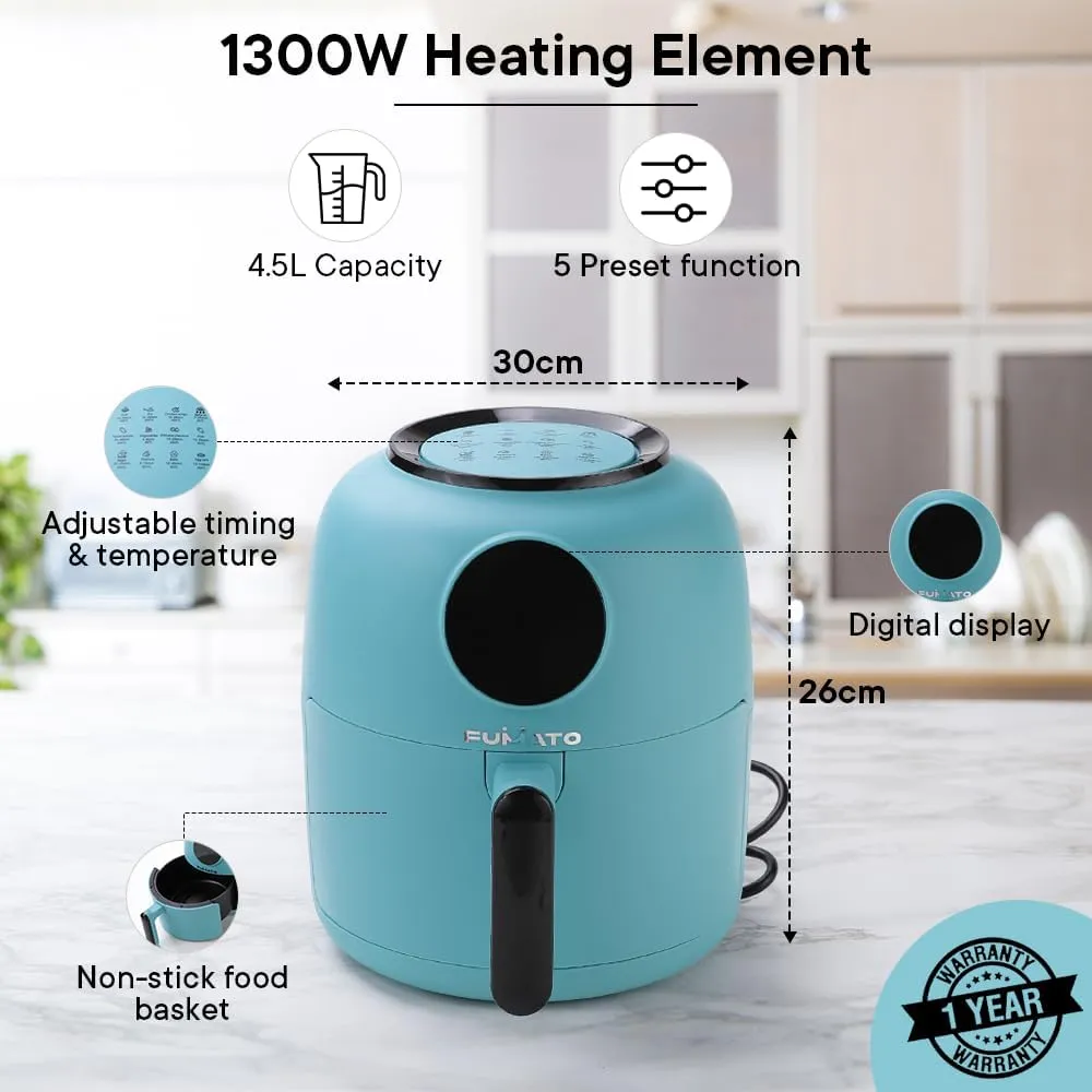 The Better Home FUMATO Aerochef Air fryer With Digital Touchscreen Panel 4.5L Light Blue & Stainless Steel Water Bottle 1 Litre, Pack of 3 Blue