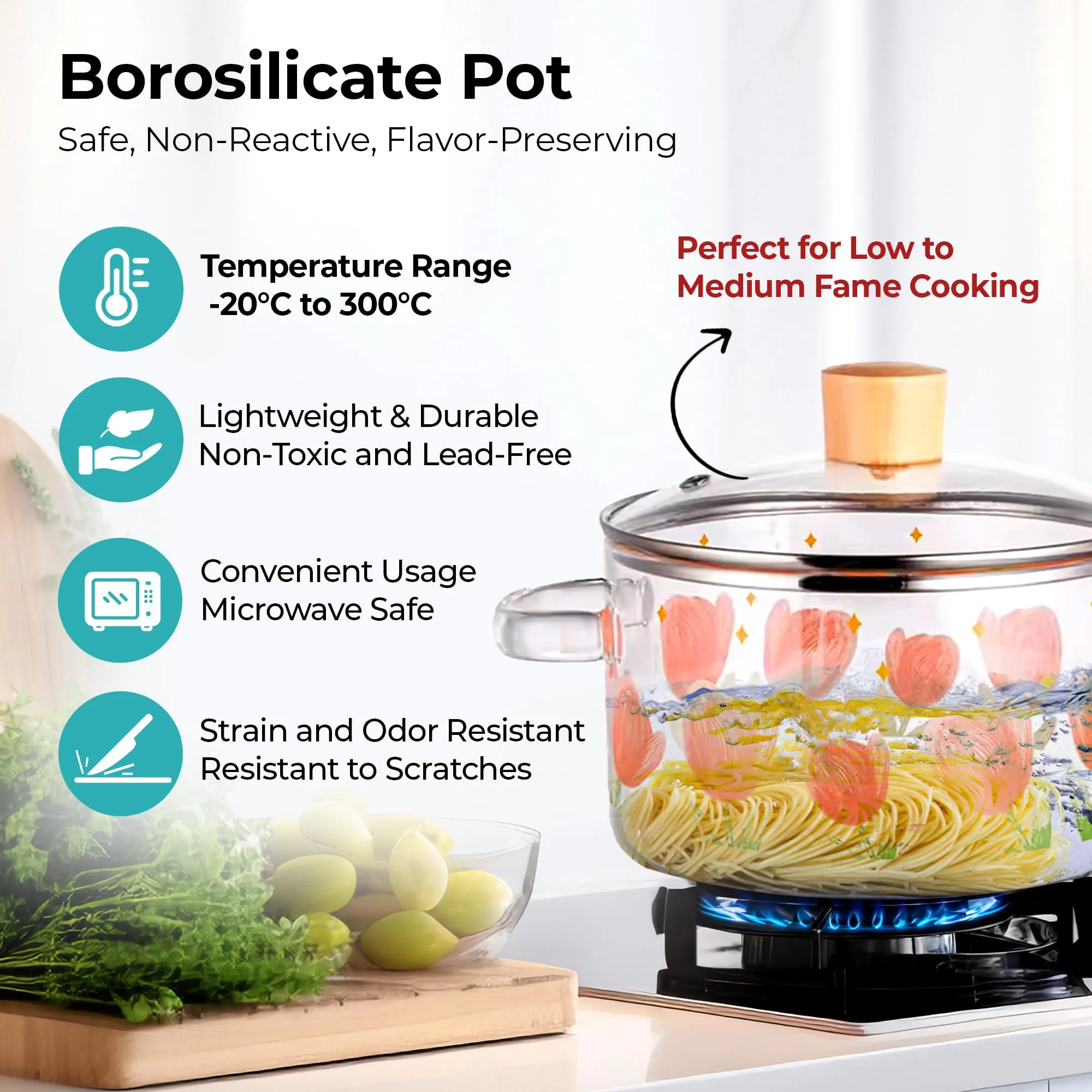 The Better Home zeno Borosilicate Glass Cookware for Gas Stove (1.45L) Tope with Lid & Handle | Handi Casserole | Small Milk/Tea Pan | Patila for Boiling | Housewarming Gifts (Red Green)