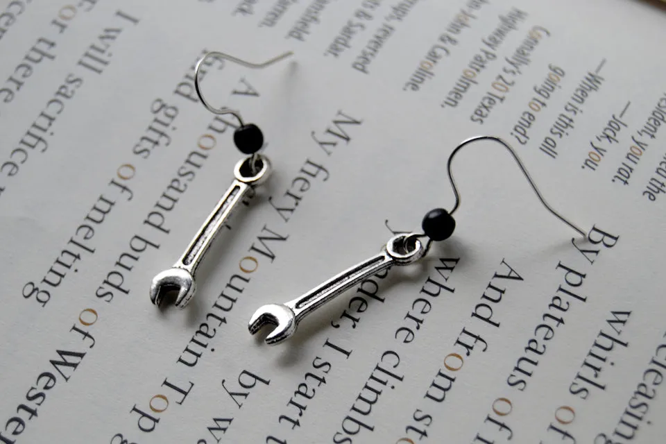 Tiny Silver Wrench Earrings | Cute Miniature Tool Charm Jewelry