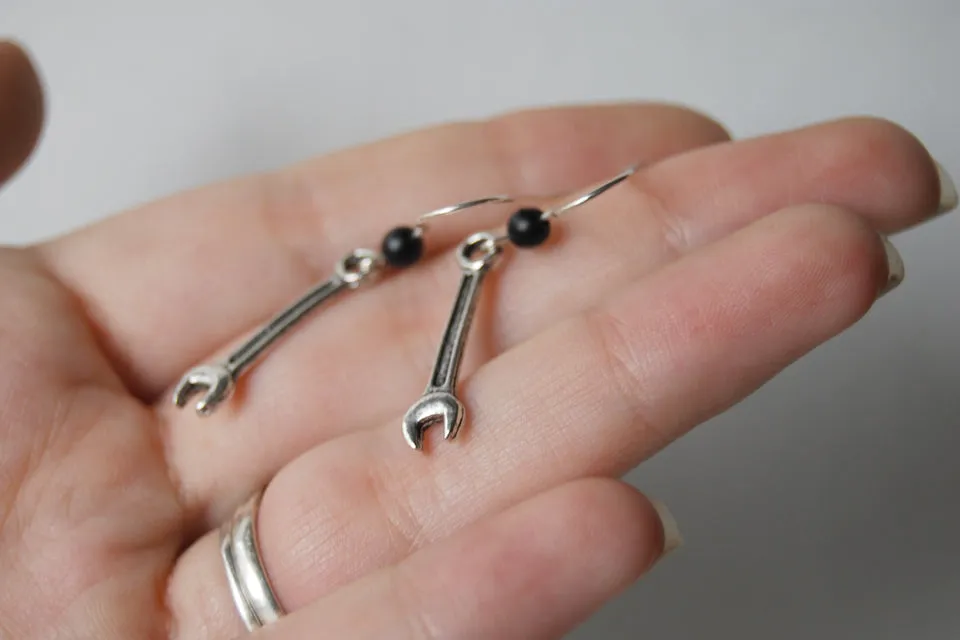 Tiny Silver Wrench Earrings | Cute Miniature Tool Charm Jewelry