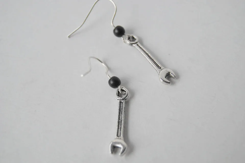 Tiny Silver Wrench Earrings | Cute Miniature Tool Charm Jewelry