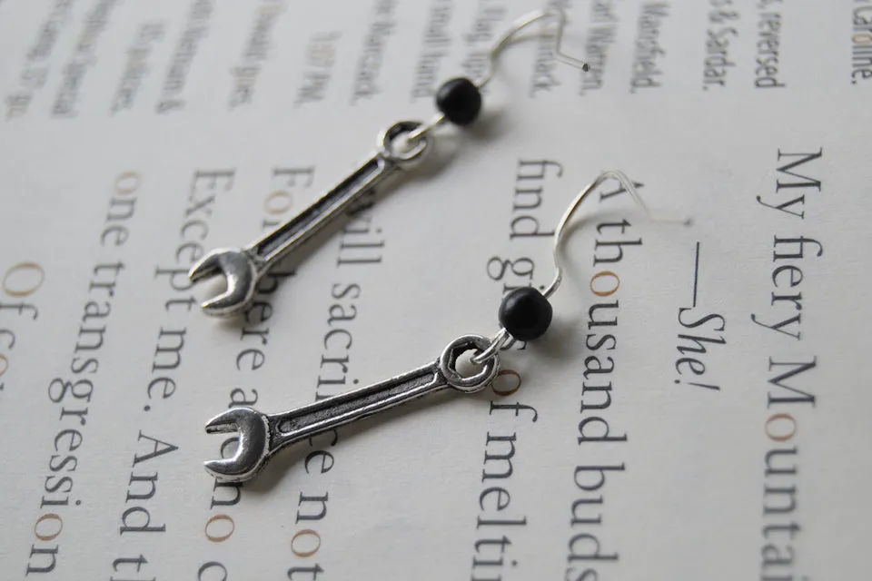 Tiny Silver Wrench Earrings | Cute Miniature Tool Charm Jewelry