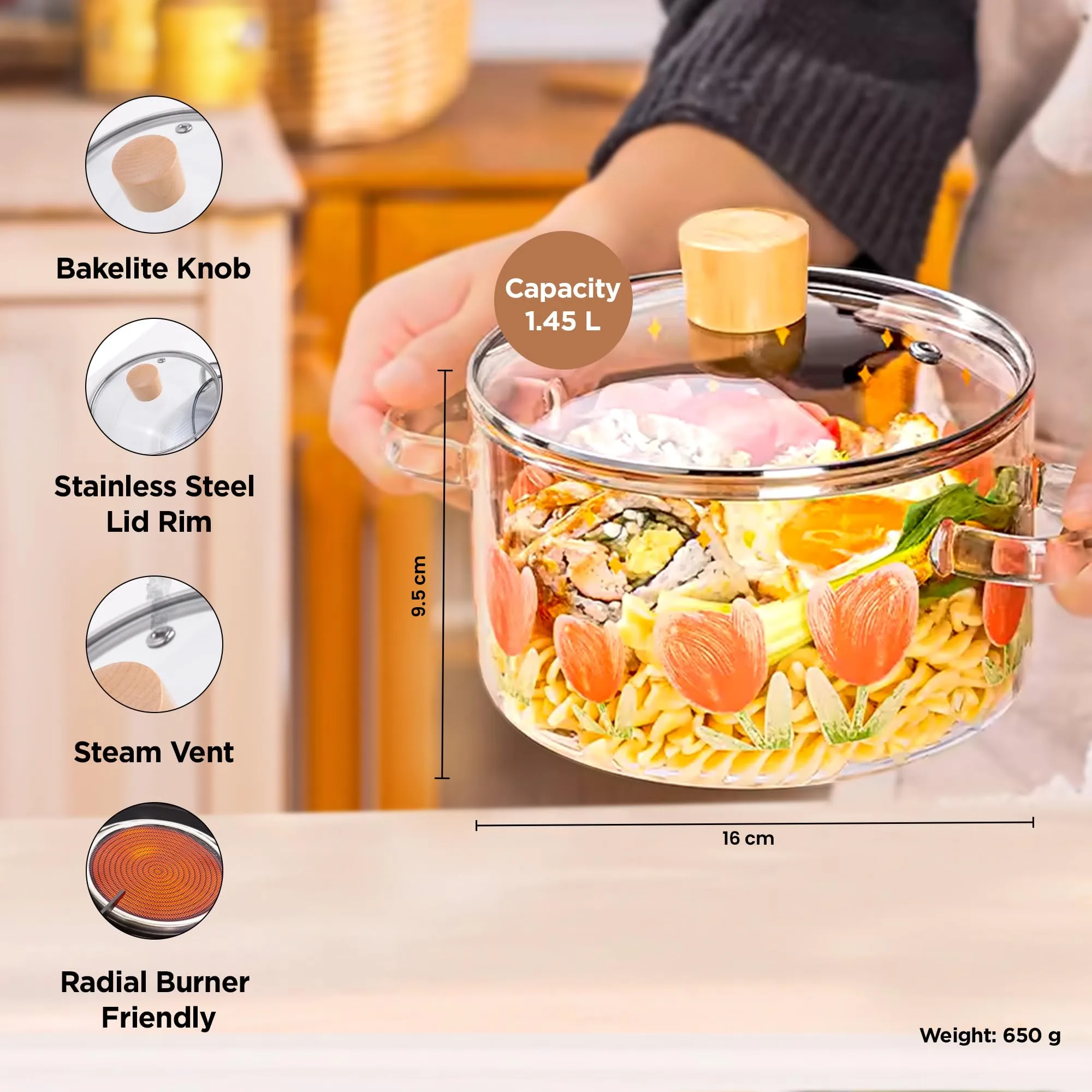 UMAI Borosilicate Glass Cookware for Gas Stove (1.45L) Tope with Lid & Handle | Electric Pottery | Handi for Cooking | Microwave Safe | Tea/Milk/Pasta/Noodles/Rice Pan | Biryani Cooking Pot (Floral)