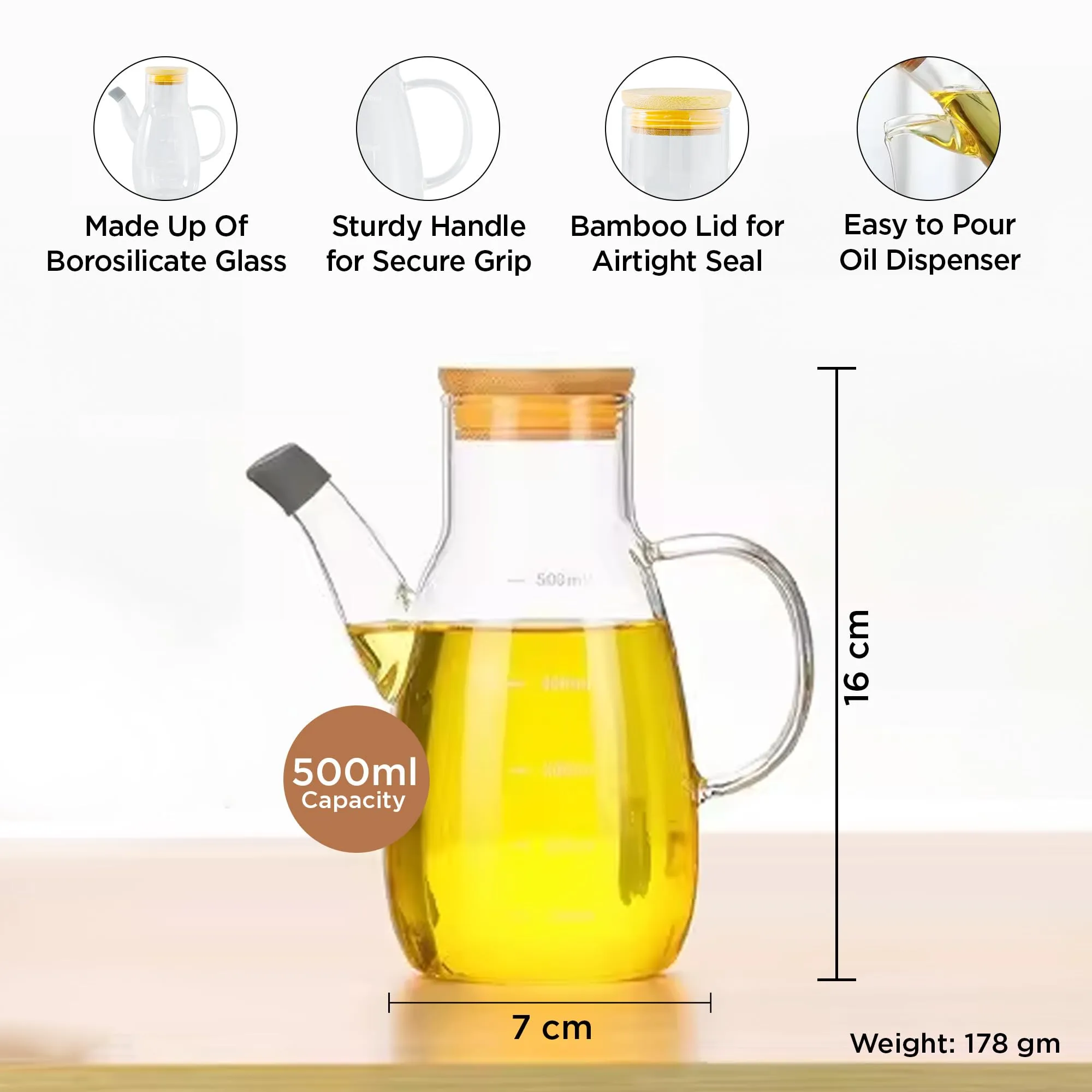 UMAI Glass Oil Dispenser With Leakproof Bamboo Lid (500ml) | Oil Container Bottle For Kitchen | Oil Jar | Vinegar Dispenser | Glass Oil Bottle | Oil Can For Kitchen