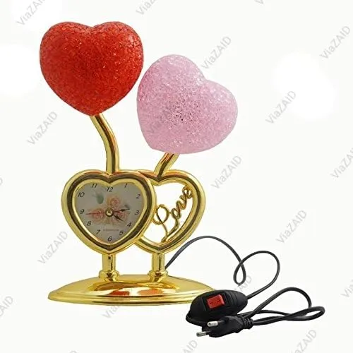 ViaZAID Lamp with Colourful Night Light, RED & Pink Heart with Clock All Occasion Valentine's Special Couple Double Heart Shape Table Clock |Home Office Bedside Battery Operated Attractive Gift