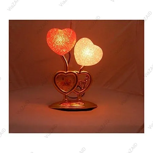 ViaZAID Lamp with Colourful Night Light, RED & Pink Heart with Clock All Occasion Valentine's Special Couple Double Heart Shape Table Clock |Home Office Bedside Battery Operated Attractive Gift