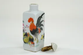 Vintage Chinese Porcelain Rooster Motif Snuff Bottle w/ Stopper 3"