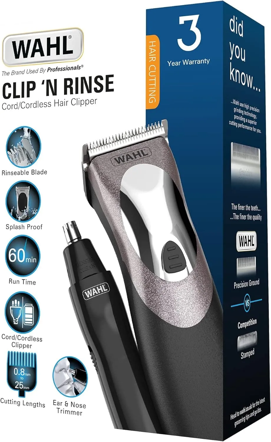 Wahl Clip N Rinse Hair Clipper for Men, Father's Day Gift, Head Shaver, Men's Hair Clippers, Nose Trimmers for Men, Cordless Clippers, Washable Head, DIY Haircuts, Easy Home Haircutting