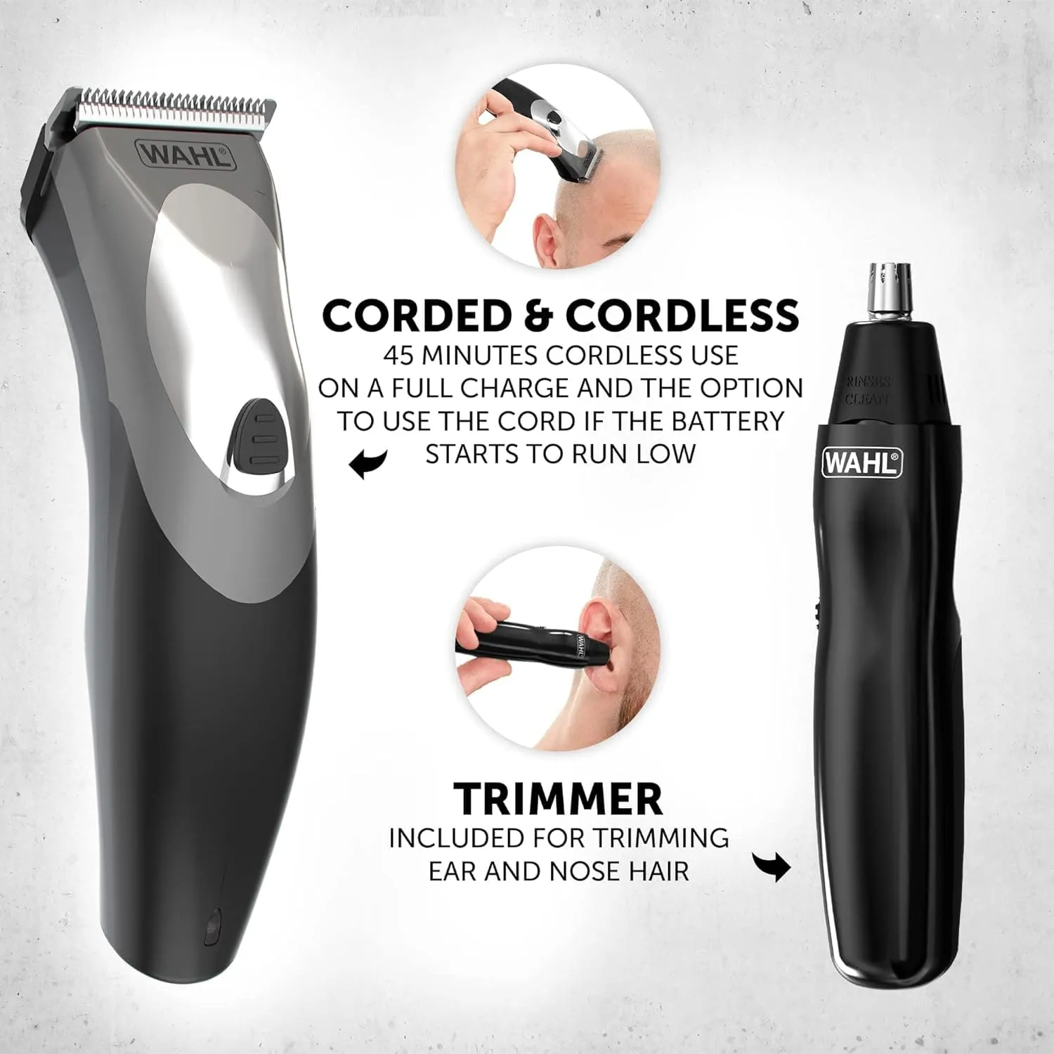 Wahl Clip N Rinse Hair Clipper for Men, Father's Day Gift, Head Shaver, Men's Hair Clippers, Nose Trimmers for Men, Cordless Clippers, Washable Head, DIY Haircuts, Easy Home Haircutting