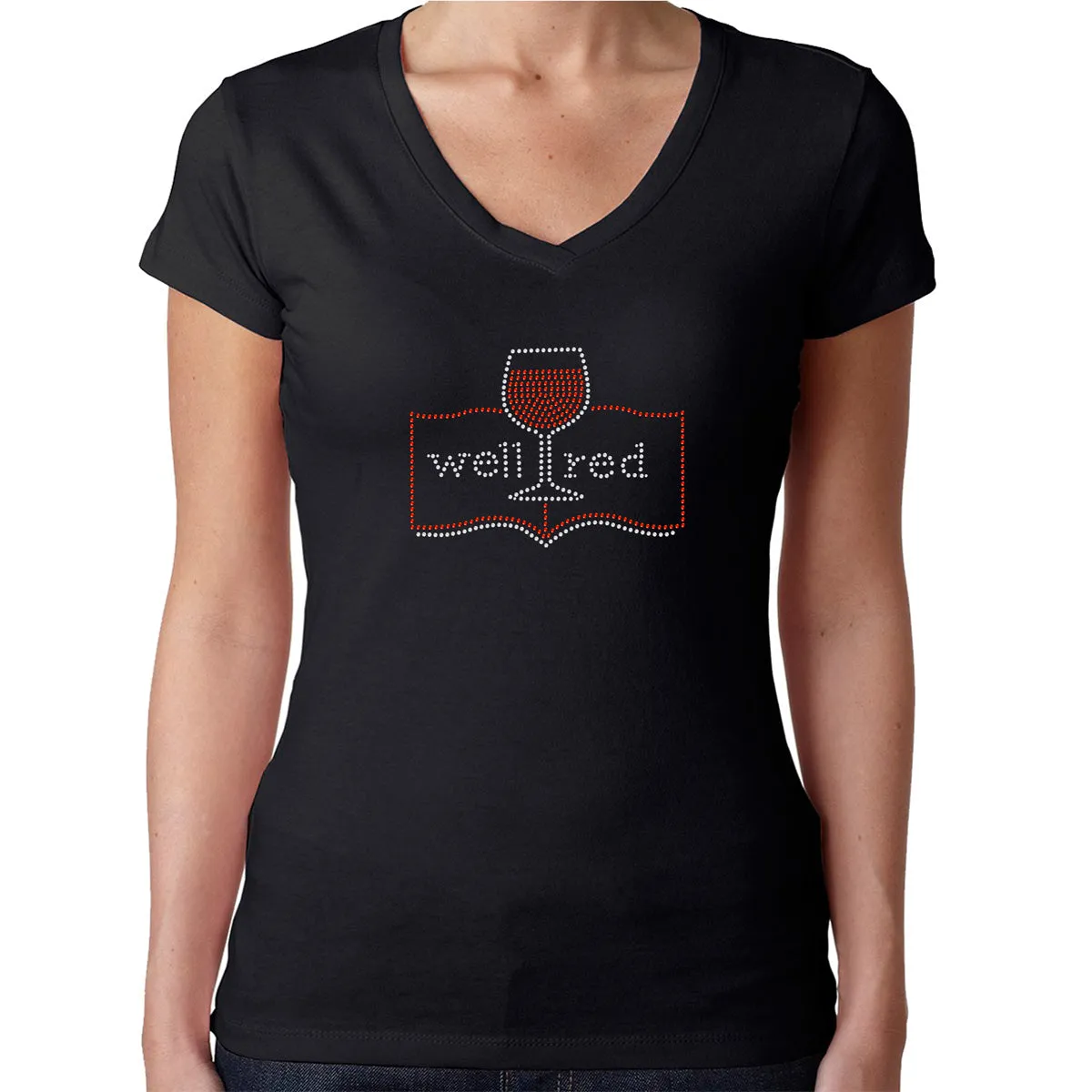 Womens T-Shirt Rhinestone Bling Black Fitted Tee Well Red Wine Glass Book