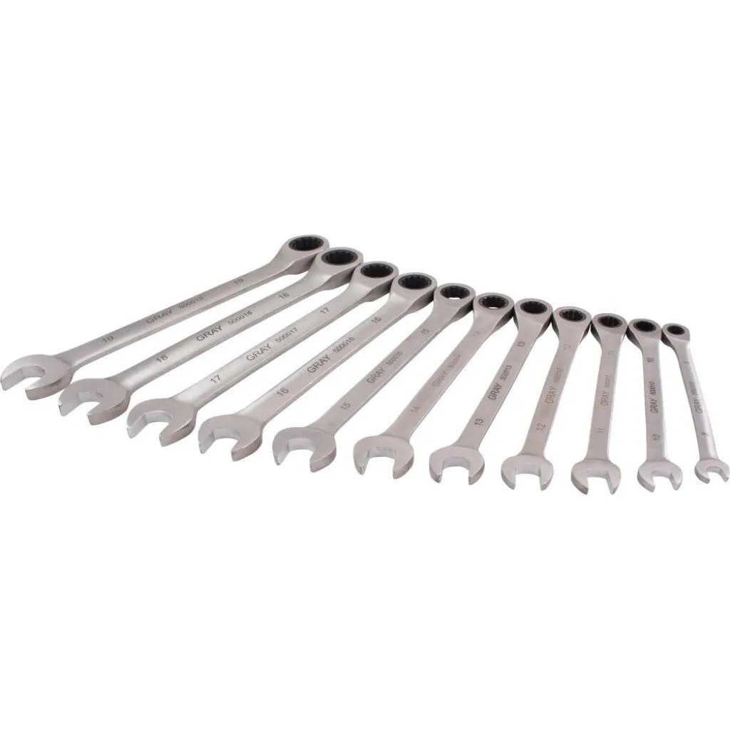 Wrench Set - Gray Tools 11 Piece Multi-Gear Combination Fixed Head Ratcheting Wrench Set, 59711A