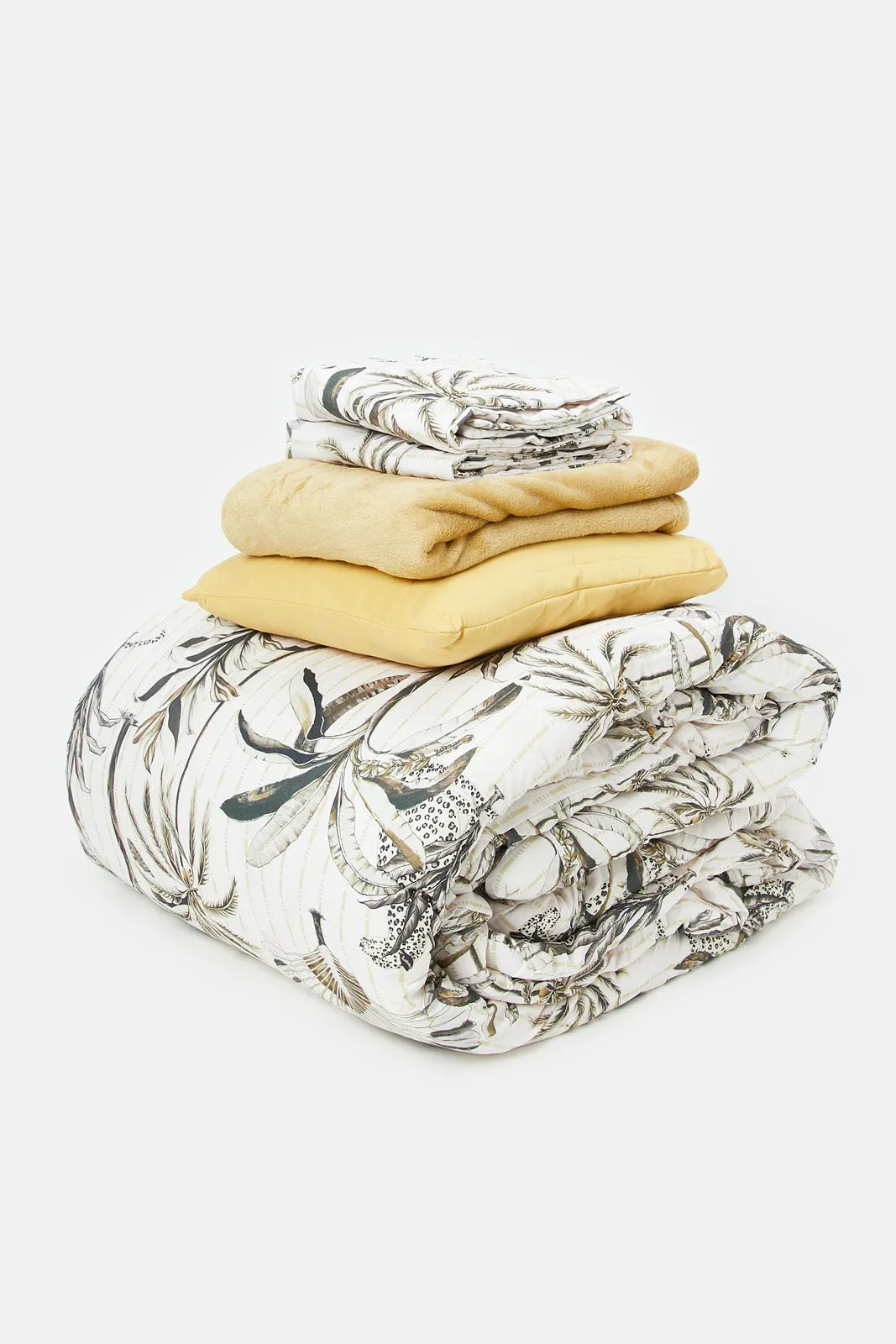 Yellow And White 5-Piece Jungle Print Comforter Set (King Size)